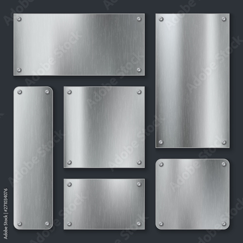 Metal plates. Steel plate, stainless panel chrome tag with screws. Industrial technology metallic blank realistic template vector set