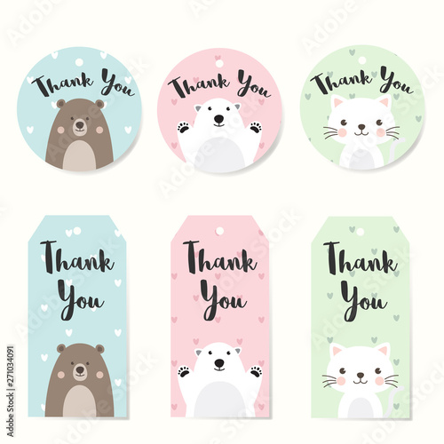 Set of Label Tags with animals  character design. Thank you tags for wedding, birthday, baby shower, label, printable tags or party invitations. Cute Tags on Pastel heart pattern background.
