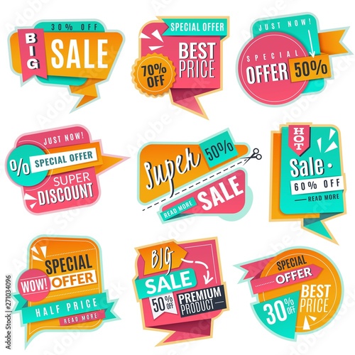 Sale banners set. Promotional discoun signs, advertising offer banner. Origami promotion sales vector tags