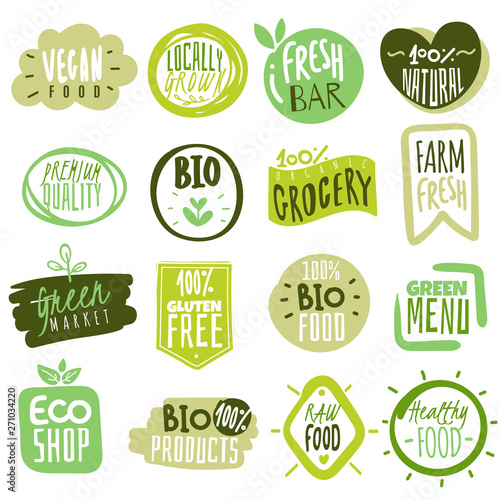 Organic food labels. Natural healthy meal fresh diet products logo stickers. Ecology farm eco food. Vector green premium vegan badges