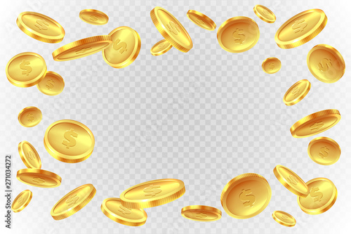 Gold coins explosion. Realistic flying golden coin. Monetary fall cash, prize game splash money jackpot lotto casino vector images