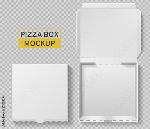 Pizza box. Open and closed pizza pack, top view paper white carton mockup, meal delivery, fast food lunch realistic vector template