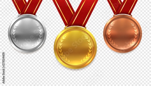 Realistic medal set. Gold bronze and silver medals with red ribbons isolated on transparent background vector collection