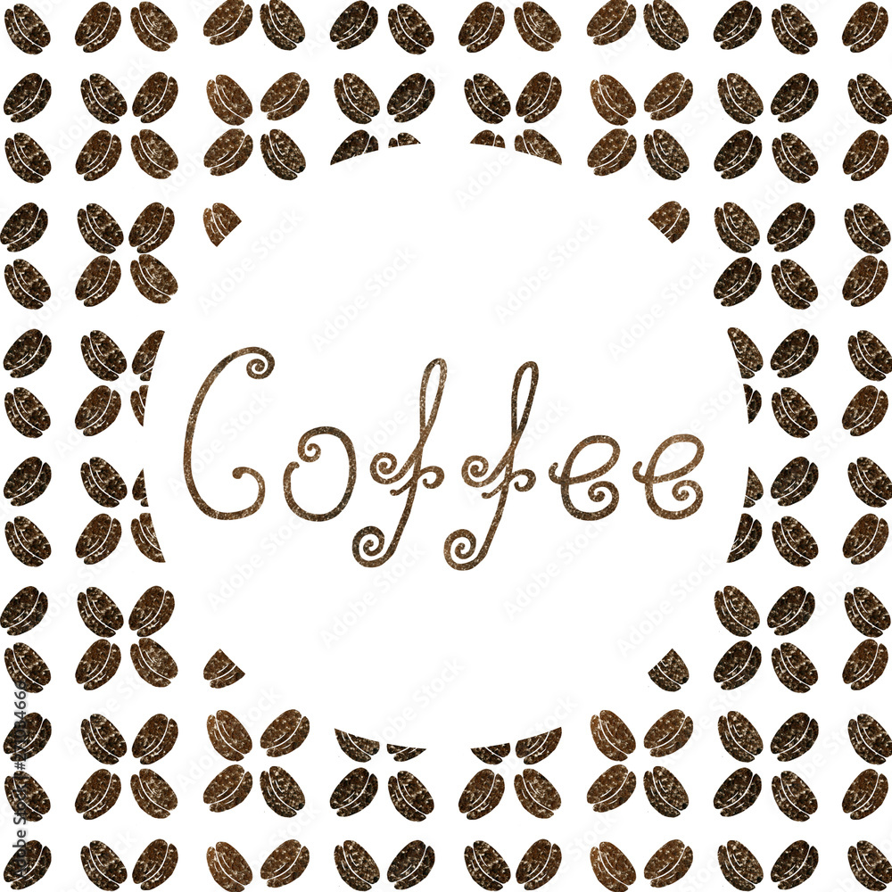 Obraz premium Frame for the concept of coffee design with the image of coffee and letters. Sketch, graphics for design prints, backgrounds, wallpaper, advertising, menus, packaging