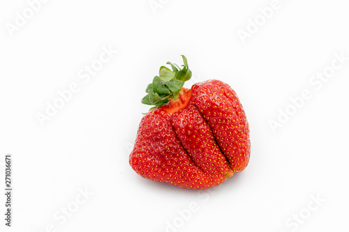 Imperfect Organic Strawberry. Fresh Healthy Food Closeup. Juisy Sweet Berry Isolated on White. Natural vegetarian Raw Diet Dessert. Whole Vitamin Nutrition. Breakfast Ingredient. Non Ideal Agriculture