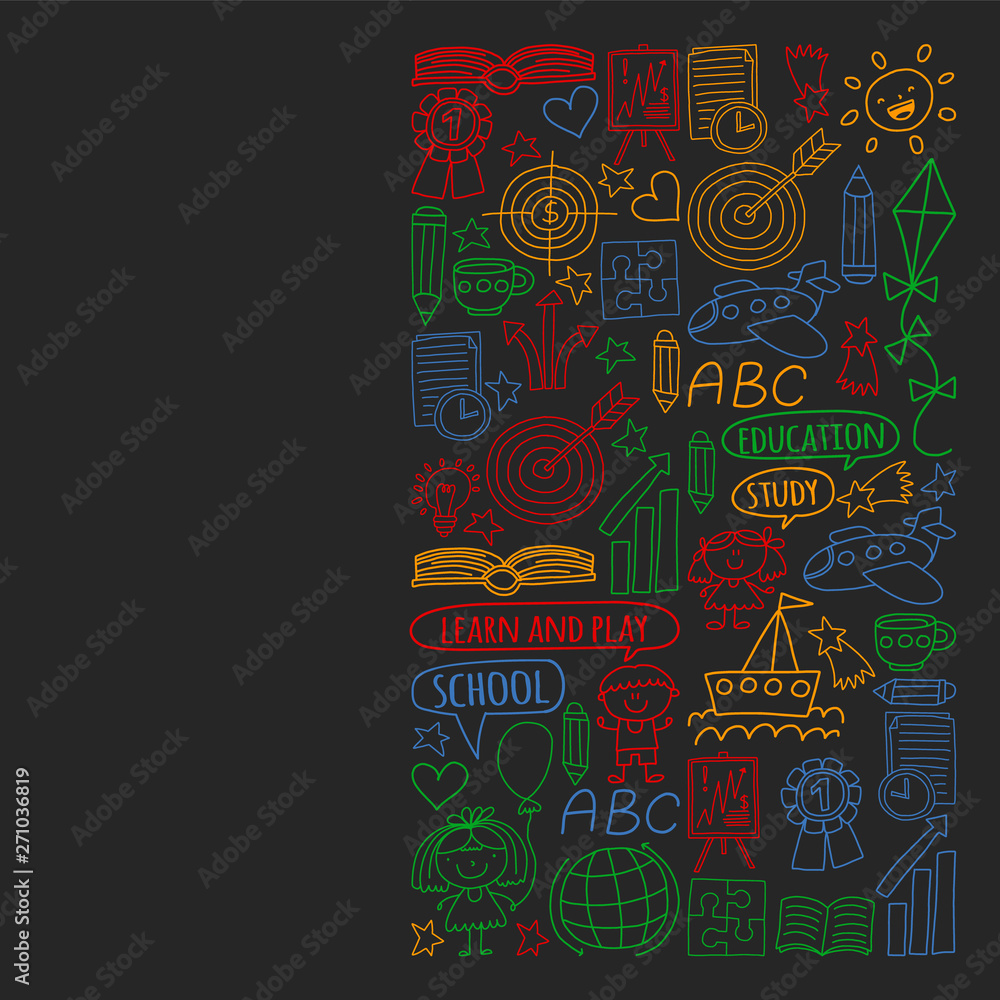 Vector set of learning English language, children's drawing icons in doodle style. Painted, colorful, pictures on a piece of paper on blackboard. Vector set of learning English language, children's drawing icons in doodle style. Painted, colorful, pictures on a piece of paper on blackboard.