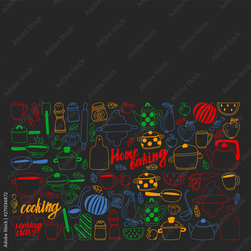 Vector set of children's kitchen and cooking drawings icons in doodle style. Painted, colorful, pictures on a piece of paper on blackboard.