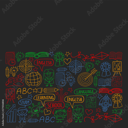 Vector set of learning English language  children s drawing icons in doodle style. Painted  colorful  pictures on a piece of paper on blackboard.