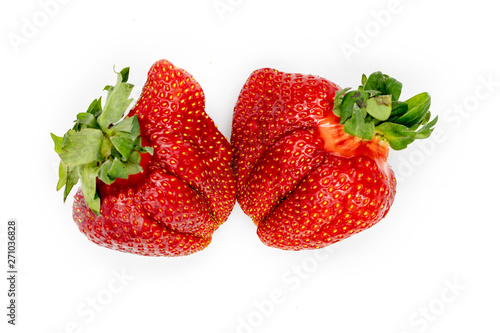 Imperfect Organic Strawberry. Fresh Food Isolated on White Background. Delicious Ripe Berry NutrientCollection of Two. Juicy Sweet Red Heiroom Strawberry Plant. Natural Raw Vegan Dessert.