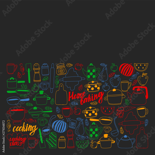 Vector set of children s kitchen and cooking drawings icons in doodle style. Painted  colorful  pictures on a piece of paper on blackboard.