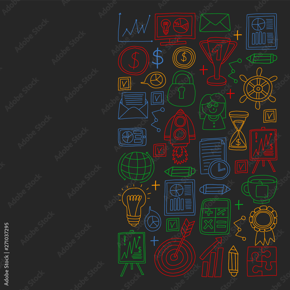 Vector set of bussines icons in doodle style. Colorful pictures on a piece of paper on dark background.