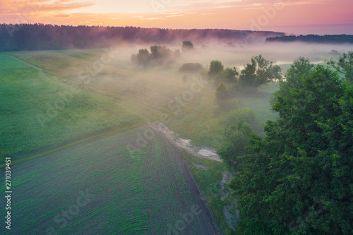 Early misty morning  sunrise over the lake. Rural landscape in summer. Aerial view