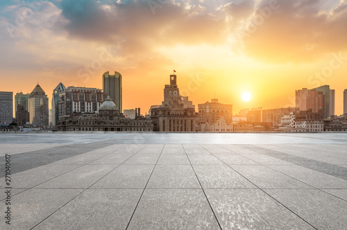 Shanghai bund skyline and empty square floor at sunset © ABCDstock