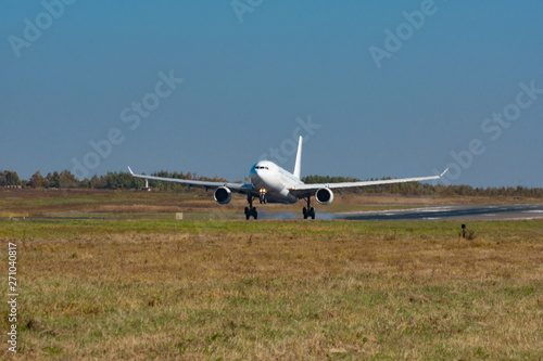 KHABAROVSK, RUSSIA - SEP 29, 2018: Airbus A330-200 VP-BUB Nordwind Airlines lands at the airport of Khabarovsk.
