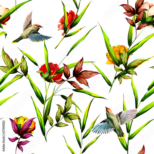 Seamless floral background pattern. Tropical leaves with roses buds and waxwing bird around. Abstract on white. Hand drawn.