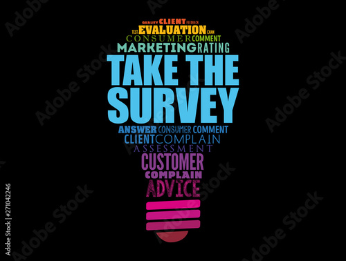 Take the Survey light bulb word cloud collage, business concept background