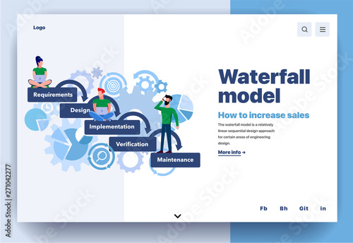 Web page flat design template for waterfall model. Business landing page life cycle methodology of how to increase sales. Modern vector illustration concept for website and mobile website development