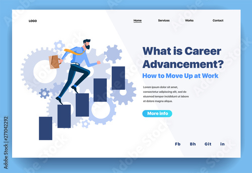 Web page flat design template for what is career advancement. Business landing page online how to move up at work. Modern vector illustration concept for website and mobile website development