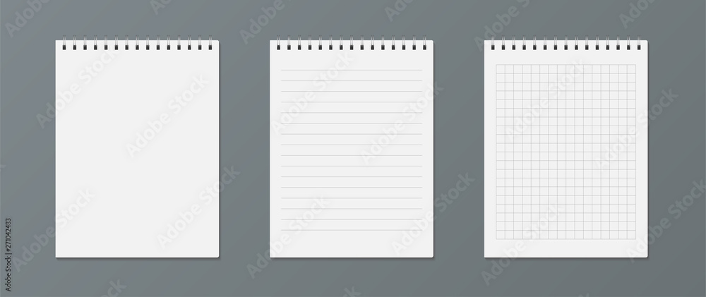 Fototapeta Set of realistic notebook or notepad isolated on gray background. Notepad for notes with paper templates. Vector illustration.