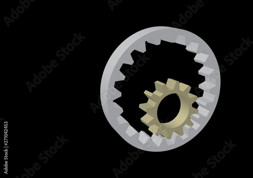 3d vector illustration of two gears in different colors isolated on black background. A gear moving inside another gear. Industrial and engineering solution concept. Transmission gear. CAD icon.