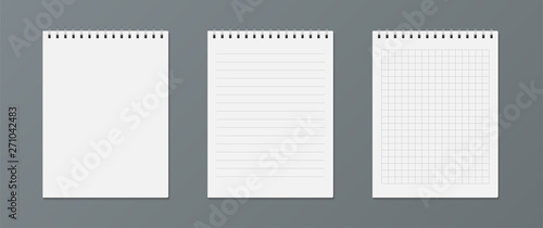 Set of realistic notebook or notepad isolated on gray background. Notepad for notes with paper templates. Vector illustration.