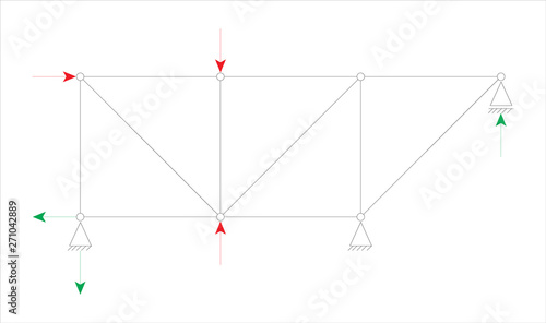 Vector illustration of a truss with pinned supports and a roller support. Simple drawing construction isolated on white background. Truss Force Diagram. Engineering graphic.