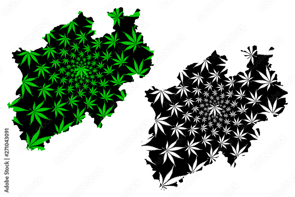 Naklejka premium North Rhine-Westphalia (Federal Republic of Germany, State of Germany, NRW) map is designed cannabis leaf green and black, North Rhine-Westphalia map made of marijuana (marihuana,THC) foliage,