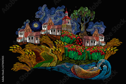 Embroidery. Rural landscape. Night harbor. Village in wheat fields. Template for clothes, t-shirt design. Painting expressionism style
