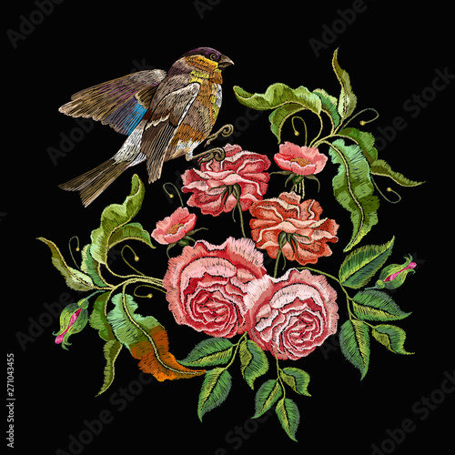 Embroidery wild flowers and birds. Classical blossoming rose buds on black background, template fashionable clothes, t-shirt design