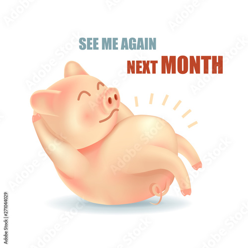 Cute pig exercising doing sit up exercise with text isolated on white background.