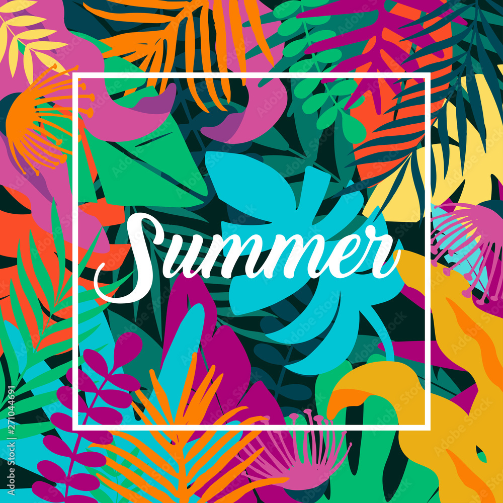 Obraz premium Summer card template, travel and holiday ads, colorful tropical poster design vector illustration. Advertising material with tropical jungle leaves and flowers 