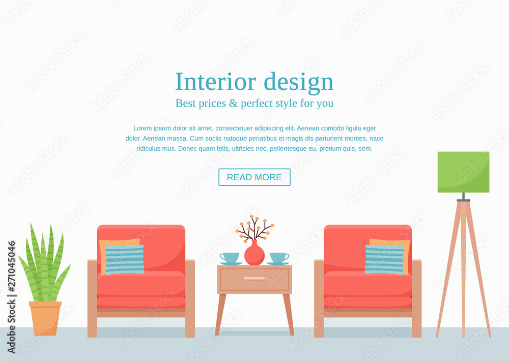 Room interior. Vector. Living room with coral armchairs and coffee table on empty wall with space for text. Template banner. Modern background. Home inside. Cartoon illustration. Flat design furniture Room interior. Vector. Living room with coral armchairs and coffee table on empty wall with space for text. Template banner. Modern background. Home inside. Cartoon illustration. Flat design furniture