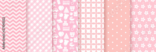 Baby girl pattern seamless. Baby shower backgrounds. Vector. Set pink pastel patterns for invitation, invite templates, cards, birth party, scrapbook in flat design. Cute illustration.