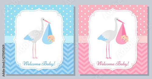 Baby Shower invitation card. Vector. Baby boy, girl banner. Welcome template invite. Pink, blue design with newborn kid and stork. Cute birth party background. Happy greeting poster. Flat illustration