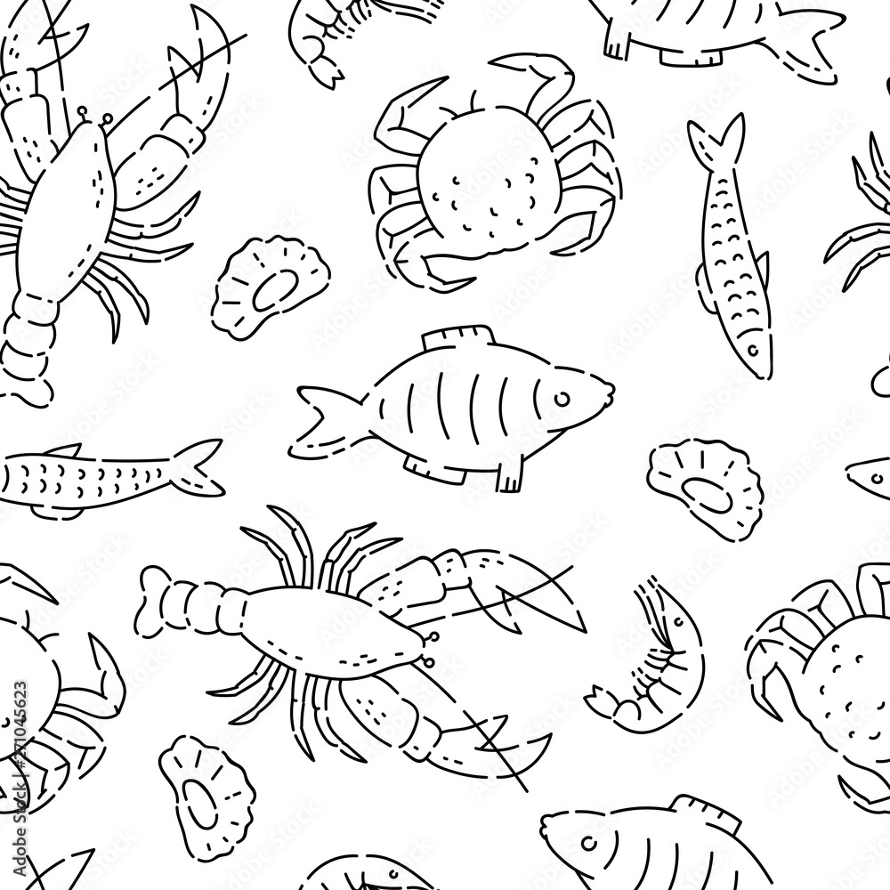 Pattern seamless sea products line doodle. Varieties marine food vector sketch black isolated illustration on white background.