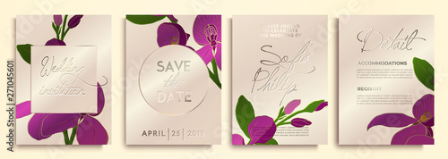 Wedding invitation with flowers and leaves on gold, pink texture. luxury card on gold backgrounds, artistic covers design, colorful texture