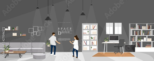Cartoon studio and learning space interior design, family relationship vector element