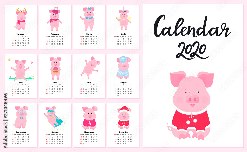 Calendar for 2020 from Sunday to Saturday. Cute pigs in different costumes. Superhero, sailor in a vest, unicorn, Santa Claus. Funny animal. Piggy cartoon character. Calendar for 2020 from Sunday to Saturday. Cute pigs in different costumes. Superhero, sailor in a vest, unicorn, Santa Claus. Funny animal. Piggy cartoon character.