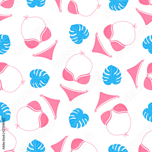 swimwear and monstera leaf. Summer seamless pattern. Used for design surfaces, fabrics, textiles, packaging paper, wallpaper