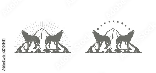Fototapeta Naklejka Na Ścianę i Meble -  Black and white illustration. Wolves mountain and stars with rays and text Alaska