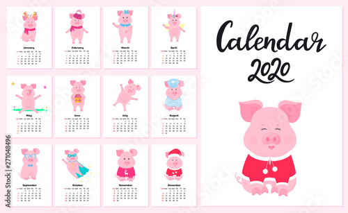 Calendar for 2020 from Sunday to Saturday. Cute pigs in different costumes. Superhero, sailor in a vest, unicorn, Santa Claus. Funny animal. Piggy cartoon character.