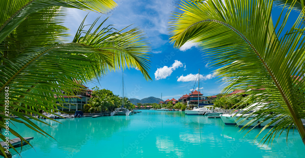 A beautiful view of marina at Eden Island Mahe Seychelles - obrazy, fototapety, plakaty 