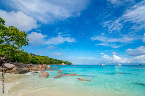 Beautiful sandy beach with turquoise sea on Seychelles