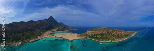 Aerial drone panoramic view of iconic azure turquoise Balos beach lagoon near Gramvousa island and pure white sand  North West Crete island  Greece