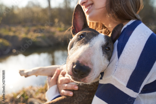 A beautiful woman wearing a striped jumper hugging a bull Terrier dog on a field background. A happy girl with a snow-white smile laughs and enjoys a walk in the open air