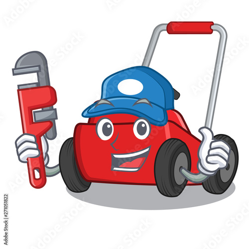 Plumber cartoon lawnmower in the a warehouse