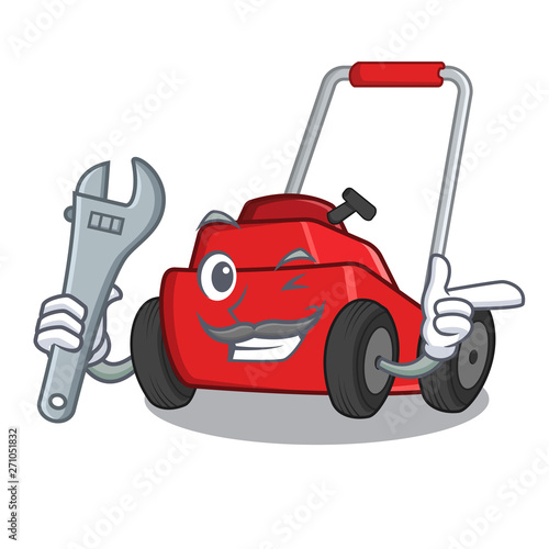 Mechanic cartoon lawnmower in the a warehouse