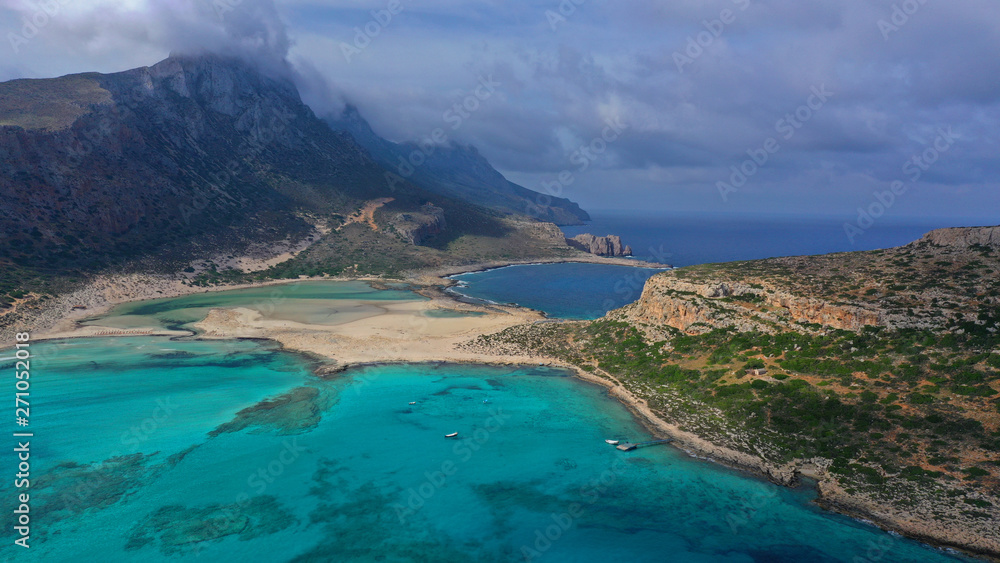 Fototapeta premium Aerial drone bird's eye view photo of tropical caribbean paradise bay and lagoon with white sandy beach and turquoise clear sea