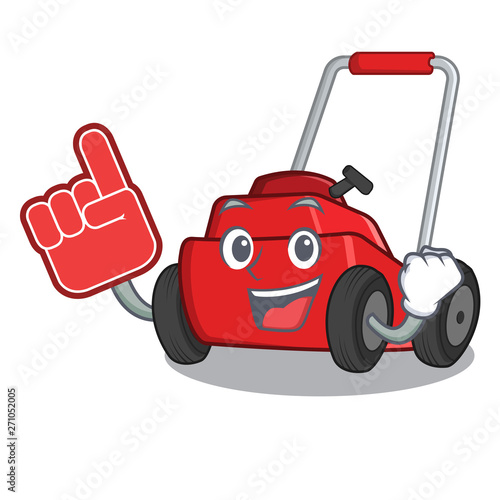 Foam finger cartoon lawnmower in the a warehouse