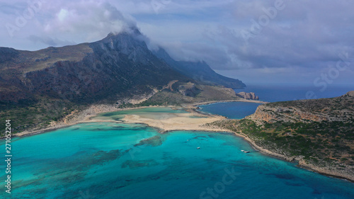 Aerial drone panoramic view of iconic azure turquoise Balos beach lagoon near Gramvousa island and pure white sand, North West Crete island, Greece